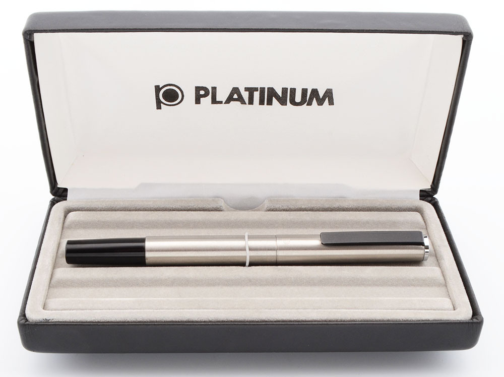 Platinum PMB-5000 Stainless Armor Fountain Pen - Brushed Stainless w Black Accents, 14k Medium Nib (Excellent in Box, Works Well)