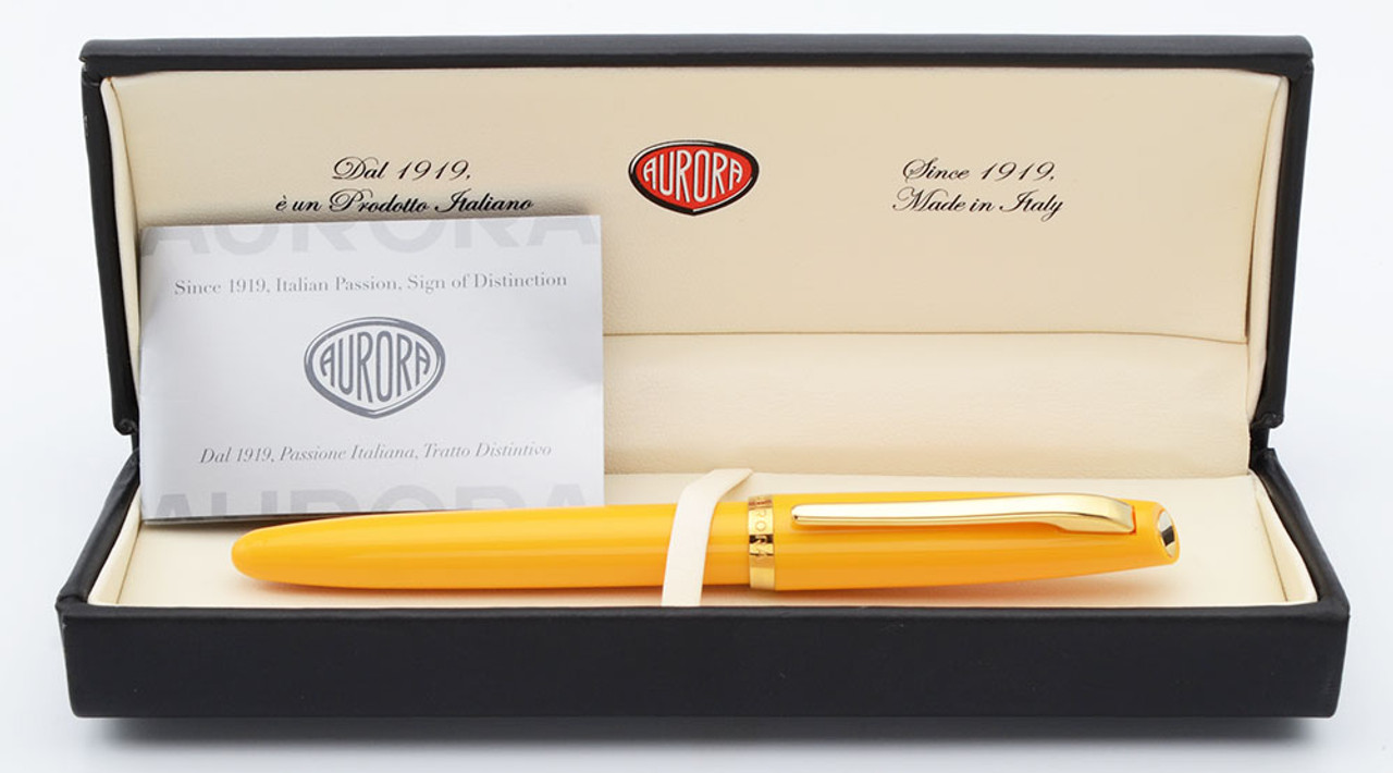 Aurora Style Fountain Pen - Mustard w/Gold Trim, C/C, Medium Steel Nib (Excellent +, In Box, Works Well)