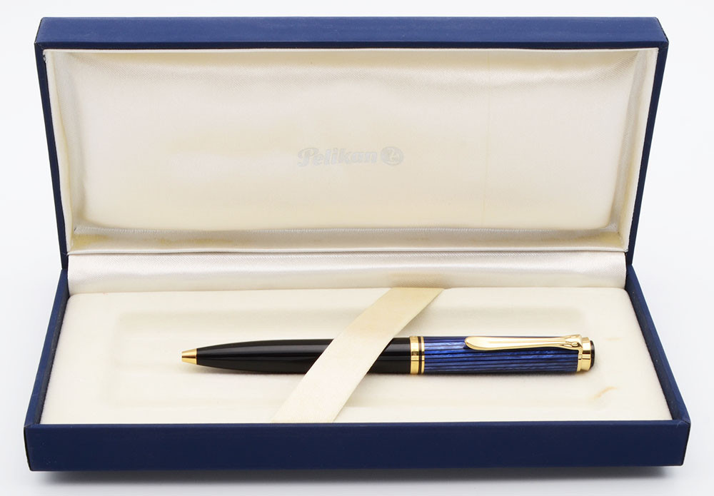 Pelikan K600 Ballpoint Pen - Black w Blue Striped Cap, Gold Trim