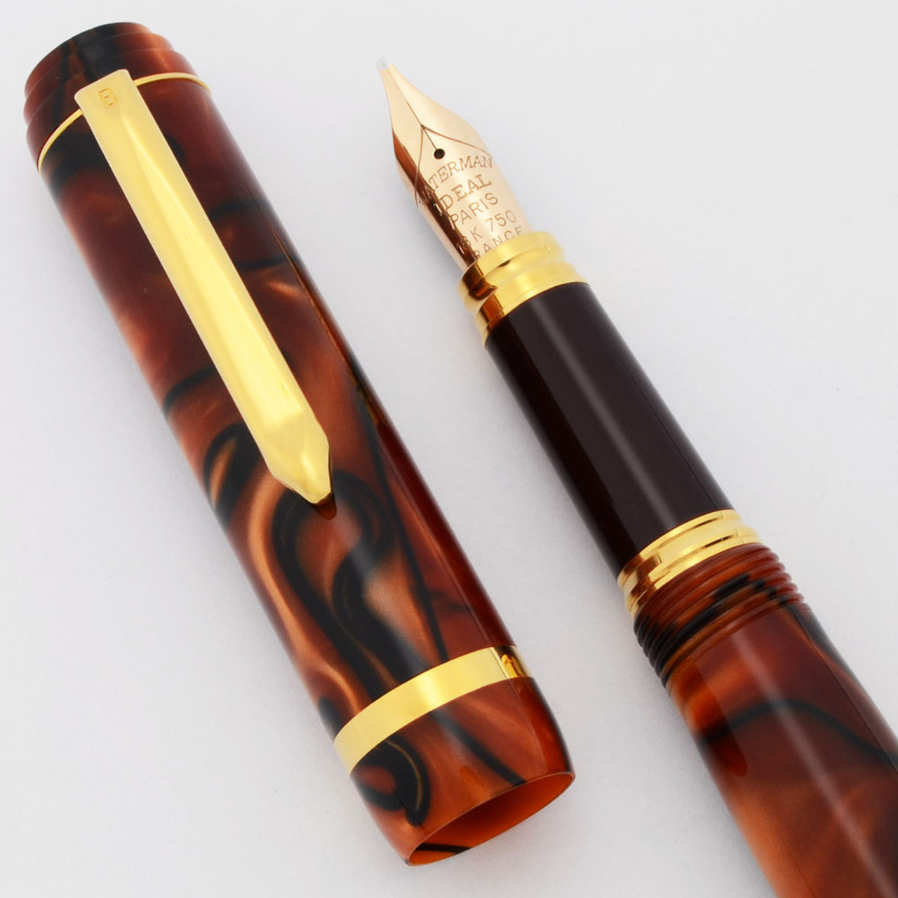 Bexley Gaston Exclusive Fountain Pen (2000s) - Orange w/Black Swirls, C/C, 18k Left Oblique Waterman Ideal Nib (Excellent + Works Well)
