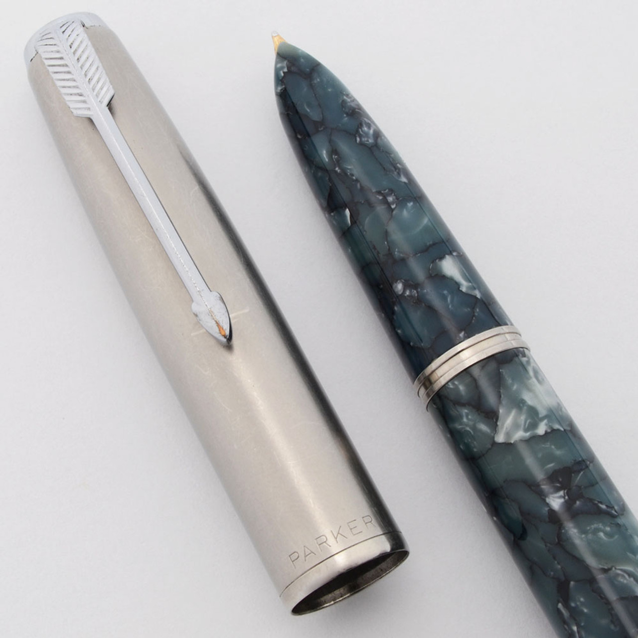 Parker 51 Ariel Kullock "Fantasy" Aerometric  - Blue Grey Marble w/Steel Cap,  Fine Nib (Excellent, Works Well)