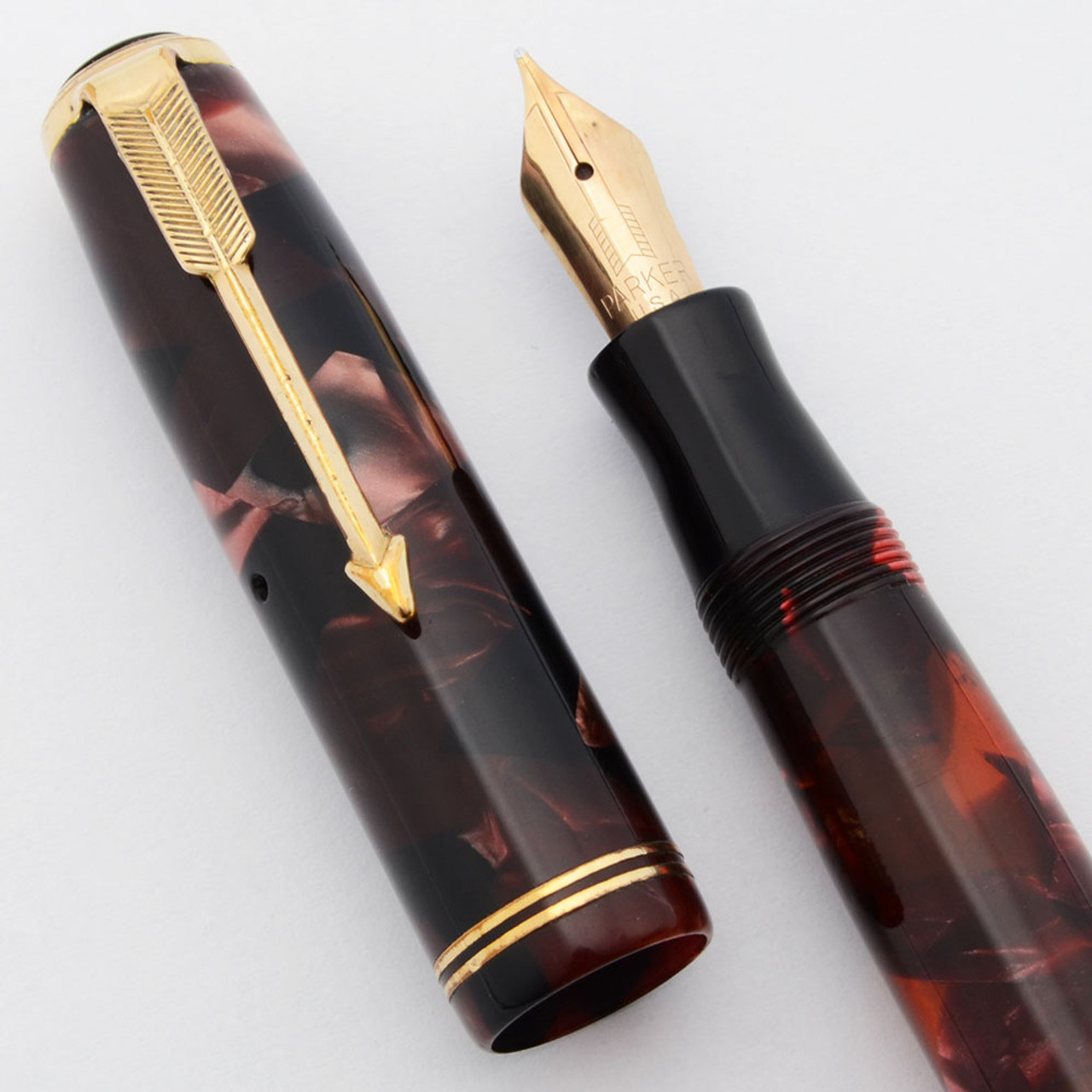 Parker Vacumatic Junior Fountain Pen (1936) - Burgundy Pearl Marble, Lockdown Fill, Medium Nib (Excellent, Restored)