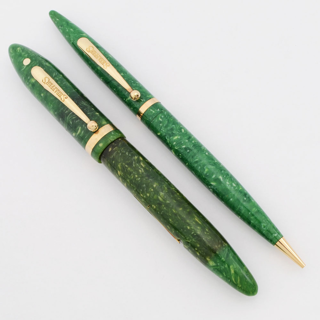 Sheaffer Balance Lifetime Oversize Fountain Pen and Mechanical Pencil Set (1930s) - Long Humped Clips, Jade Green, Fine Lifetime Nib (Very Nice, Restored)