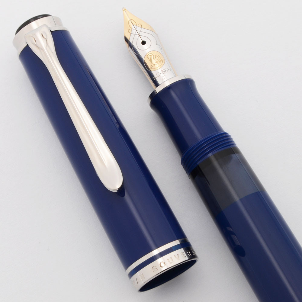 Pelikan M605 Souveran Fountain Pen (2003) - Solid Blue w/Chrome Trim, Piston Filler, 14k Fine Nib (Near Mint in Box, Works Well)