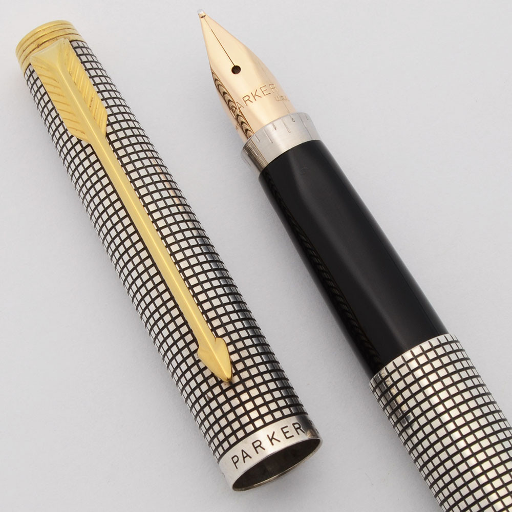 Parker 75 Cisele Fountain Pen (USA, 1960s) -  Sterling Silver, Flat Tassies, C/C, Medium 14k Nib (Superior, Works Well) -