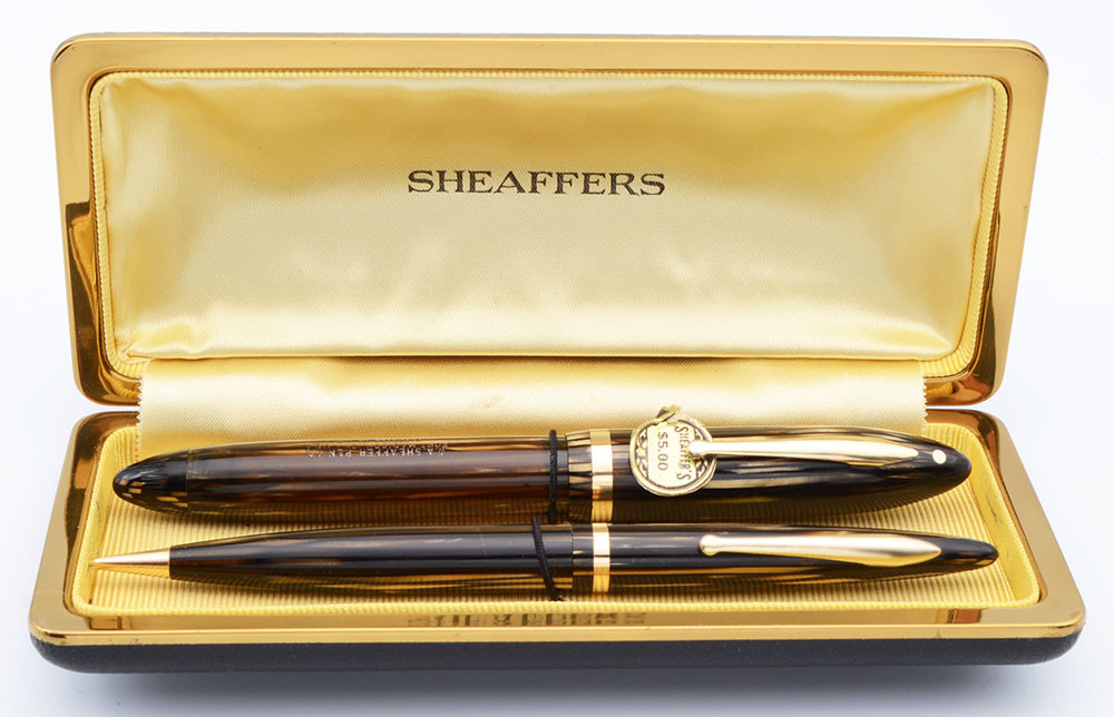 Sheaffer Balance Lifetime Oversize "Premier" Set (1936-42) - Brown Striated, Oversized, Vac-Fil, 14k Extra Fine Nib (Excellent + in Box, Restored)