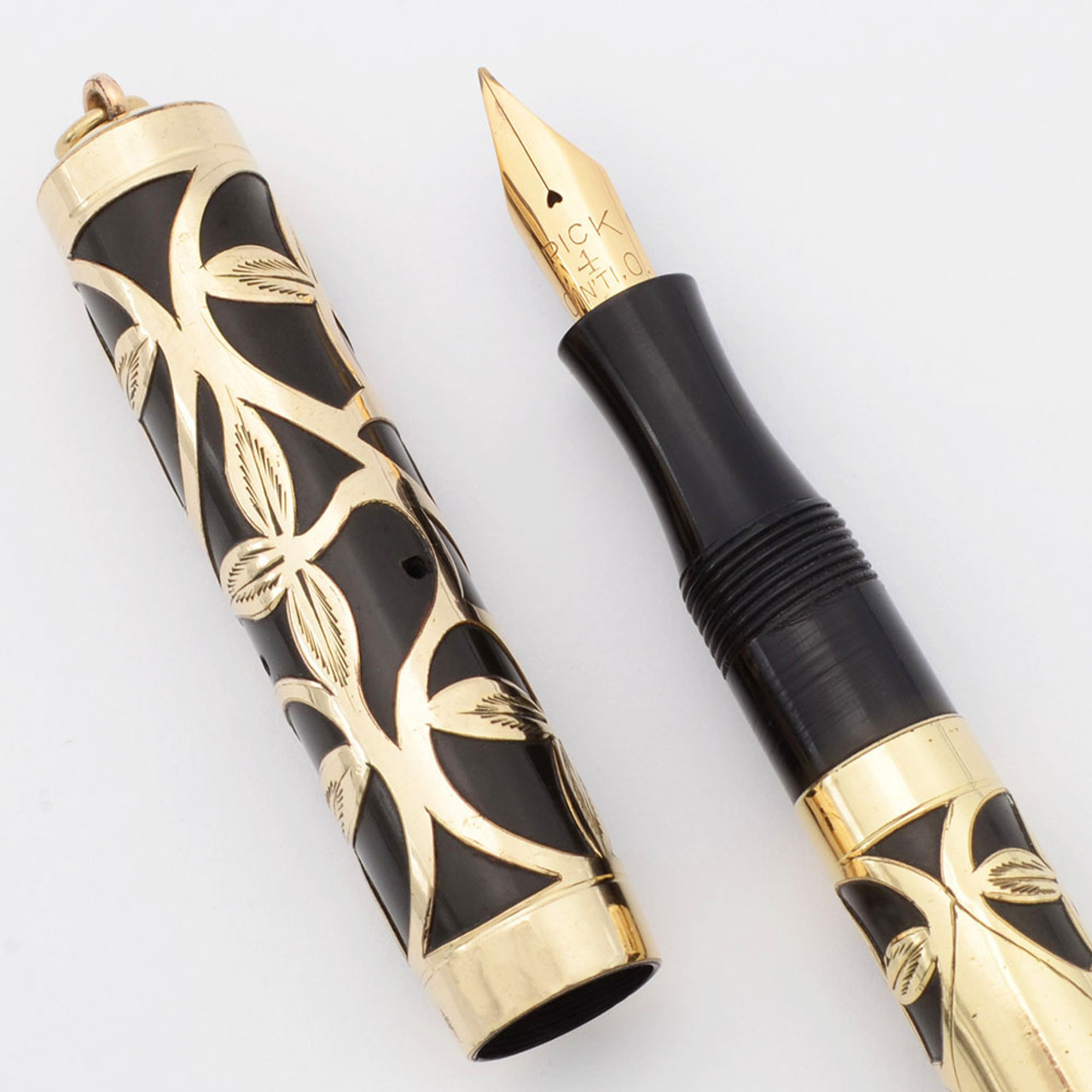 Pick Pen Co. Ringtop Fountain Pen (1920s) - Gold Filigree, Fine Semi-Flex #4 Nib (Excellent, Restored)