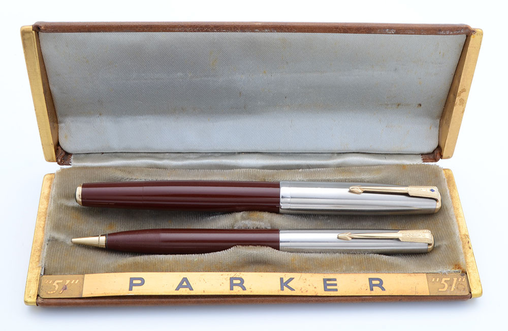 Parker 51 Vacumatic Double Jewel Set (1940s) - Cordovan Brown, Lustraloy Caps, Medium-Fine 14k Nib (Excellent in Box, Restored)