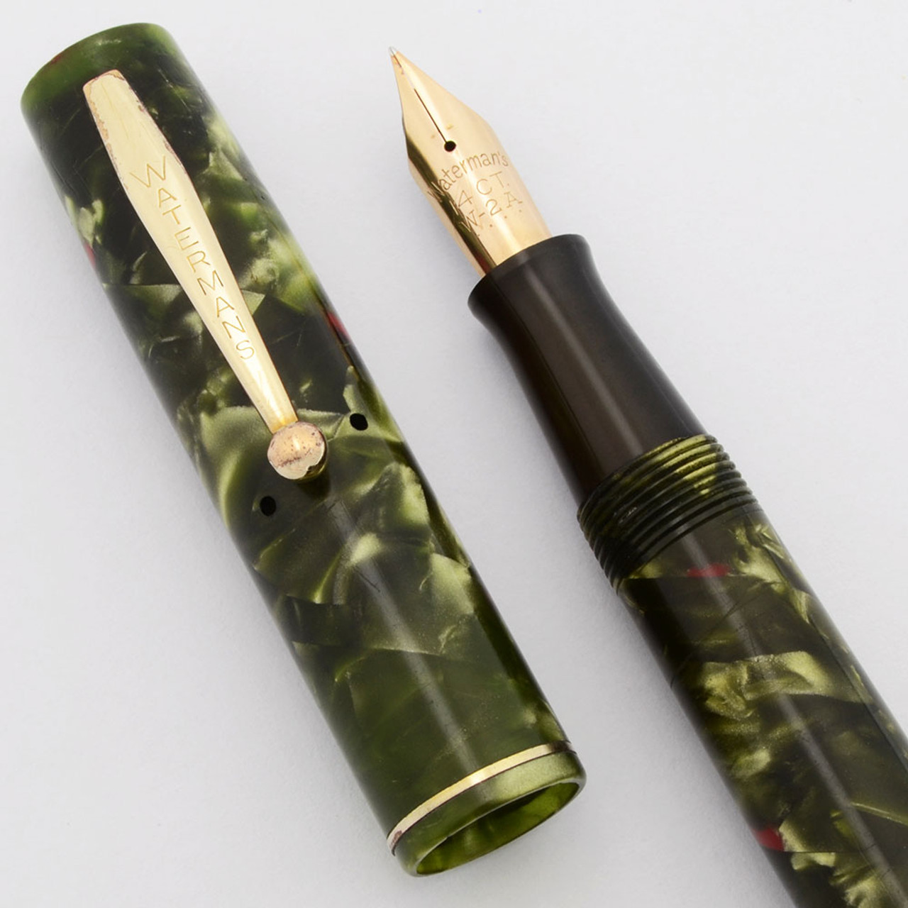 Waterman 52 Fountain Pen (Canada, 1930s/40s) - Green and Red Marble Celluloid, Fine 14k W-2A Nib (Excellent, Restored)