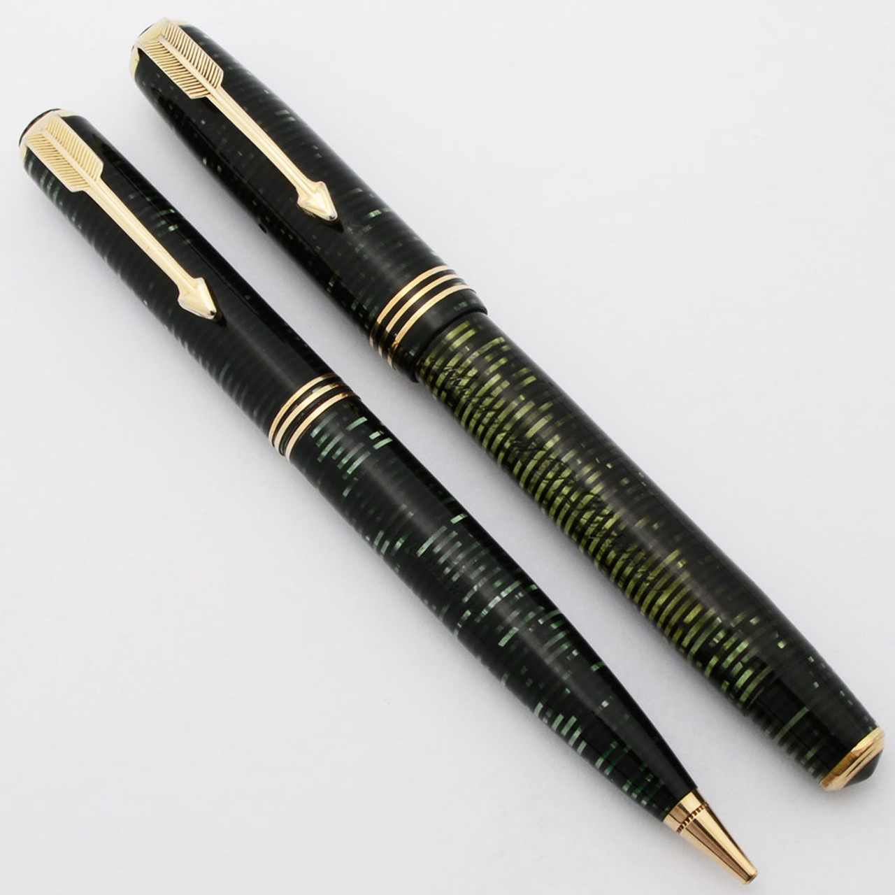 Parker Vacumatic Small Fountain Pen and Pencil Set  (1944-45) - Double Jewel, Green Pearl, Lockdown, Flexible Fine Nib (Excellent, Restored)