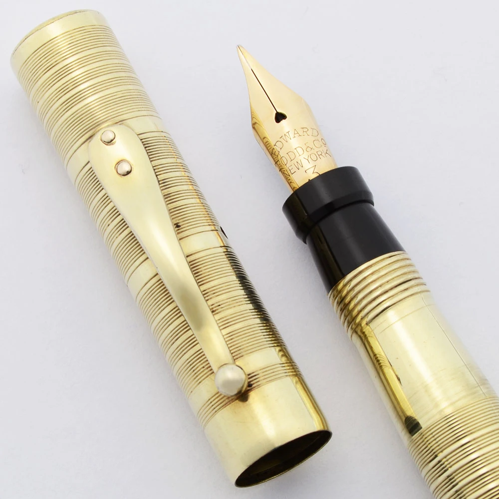 Edward Todd Gold Plated Combo Pen (1920s/30s) - Gold Plated w/Rings, Lever Filler,  Flexible Fine #3 Nib (Excellent, Restored)