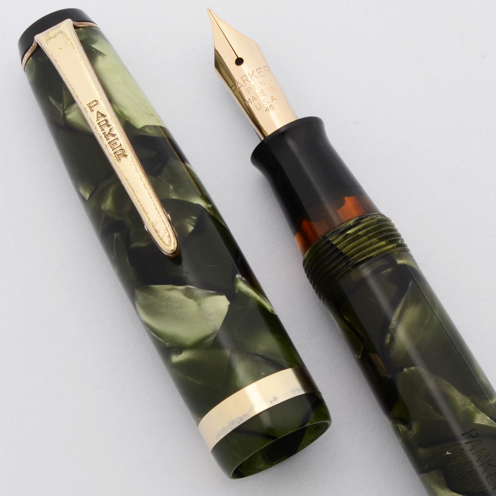 Parker Challenger Fountain Pen (1939) - Green & Black Marble w/GT, Plain Clip, Full Size, Button Filler, Fine Parker Pen Nib (Excellent, Restored)