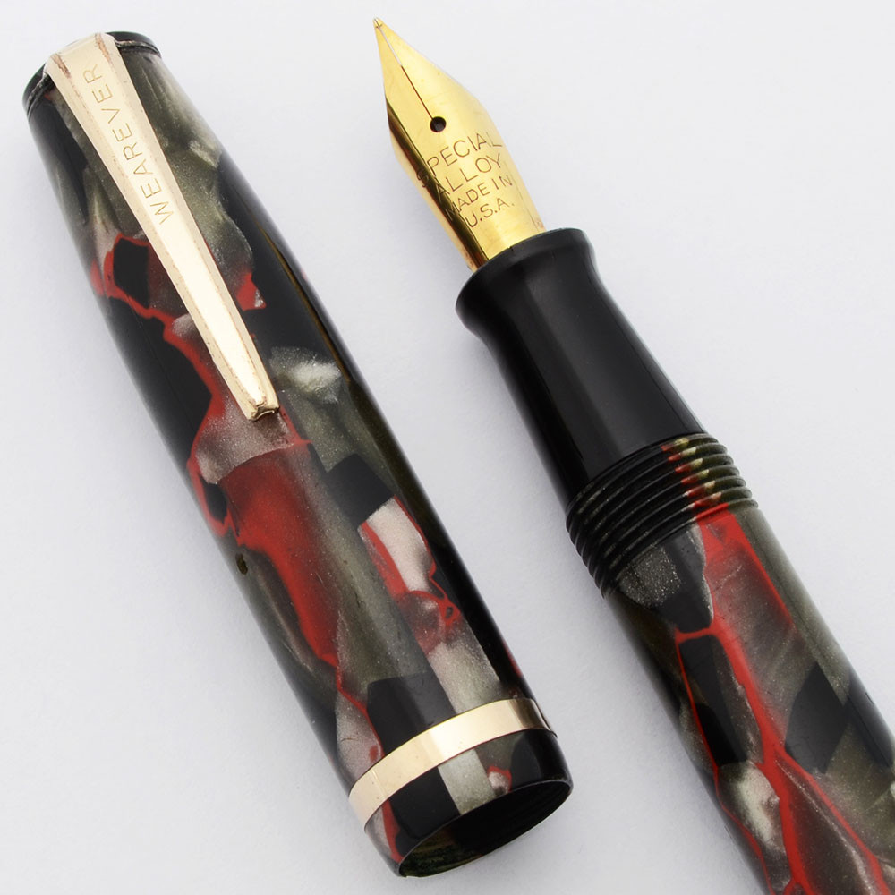 Wearever Deluxe 100 Fountain Pen (1940s) - Black and Taupe Marble w/Red Veins, Lever Filler,  Fine Special Alloy Nib (Very Nice, Restored)
