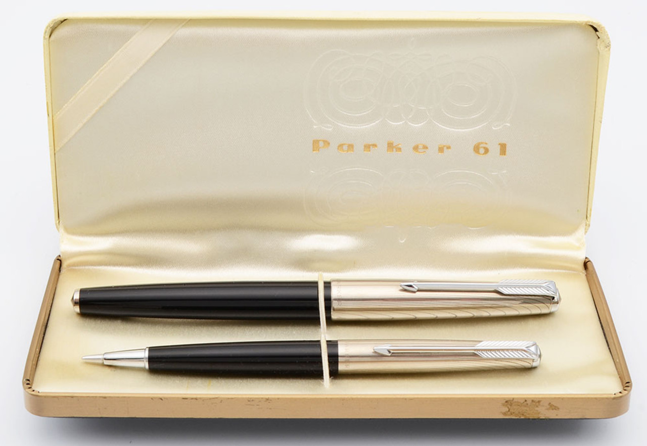 Parker 61 Legacy Pen Set (Mark I)-  Black, Rainbow Cap, Medium 14k Nib, Liquid Lead Pencil (Excellent in Box, Work Well)