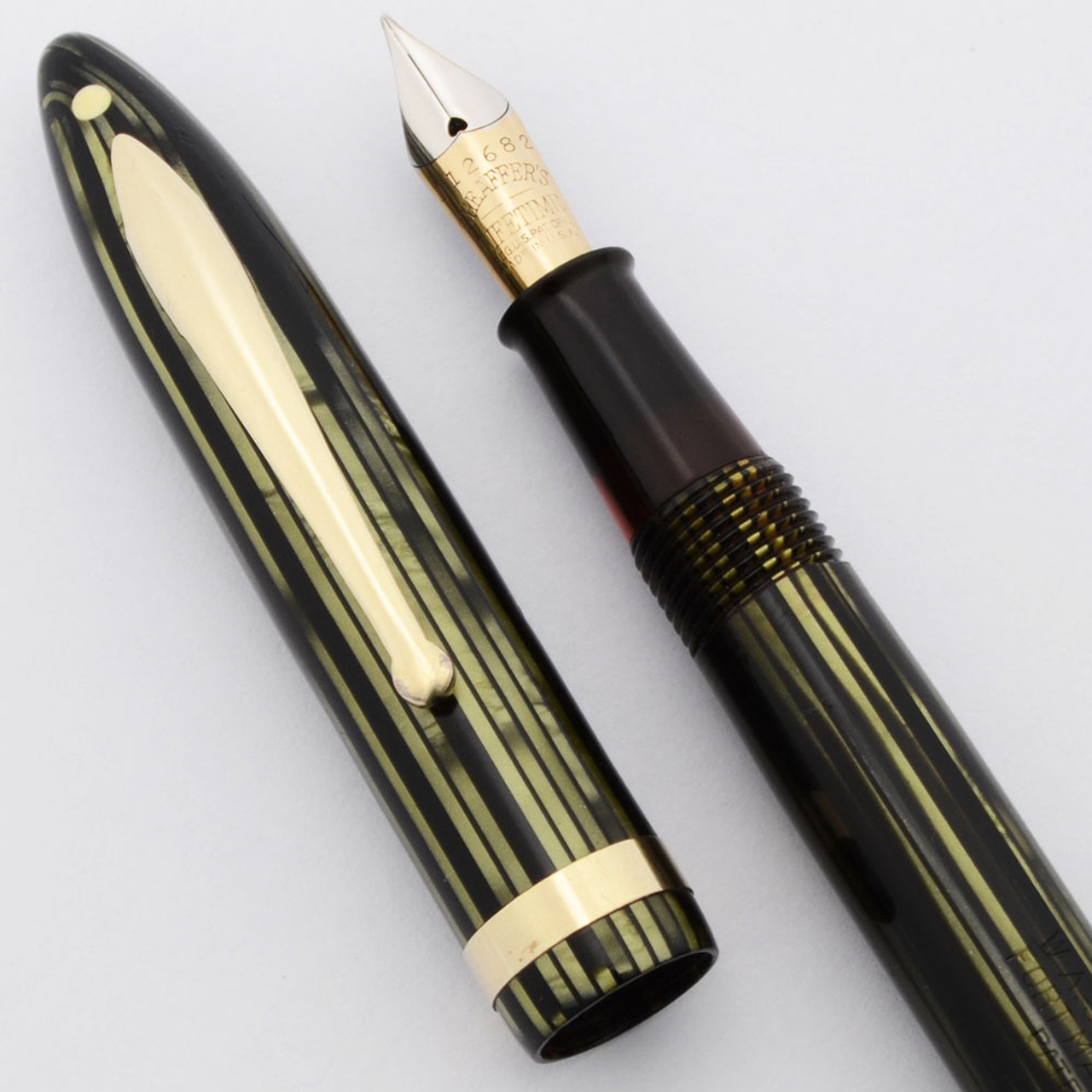 Sheaffer Slim Balance Lifetime 875  (1937-42) - Green Striated w/GT, Lever Filler,  Fine Lifetime Nib (Very Nice, Restored)