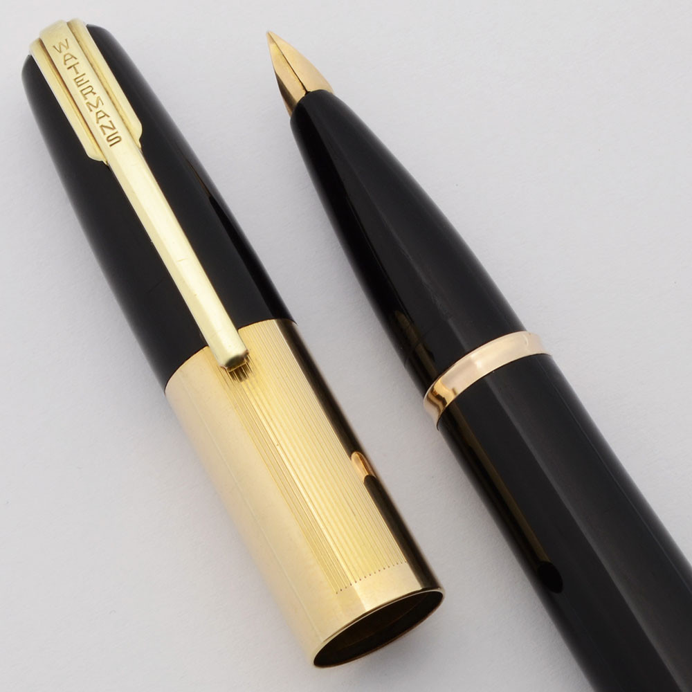 Waterman Taperite Citation Fountain Pen (1940s) - Black, Wide Gold Band w/Lined Pattern, Lever Filler, Fine Taperite Nib (Excellent +, Restored)
