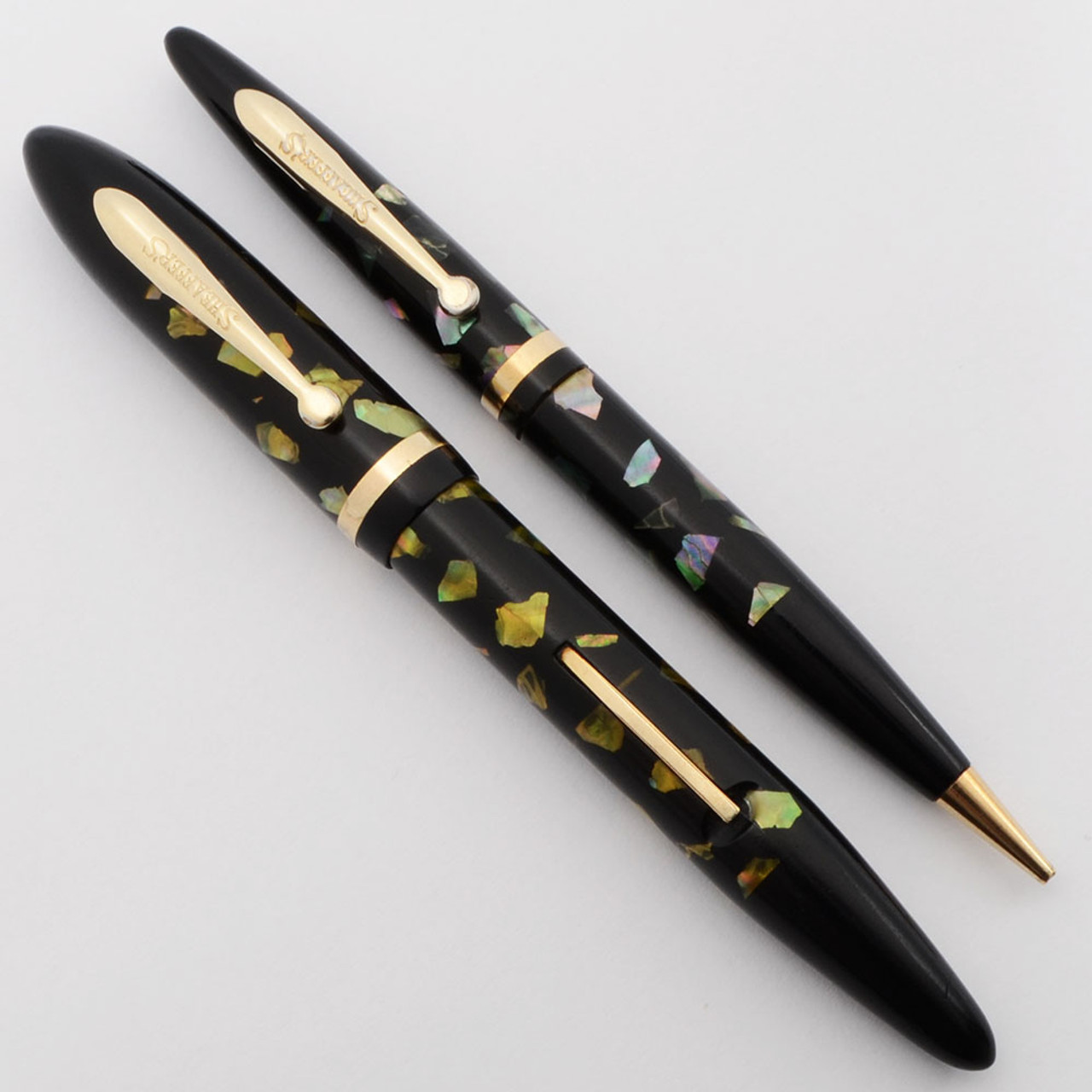 Sheaffer Balance Full Size Set (1930s ) - Ebonized Pearl, Lever Fill, 14k Two-Tone Fine Feather Touch Nib (Excellent, Restored)