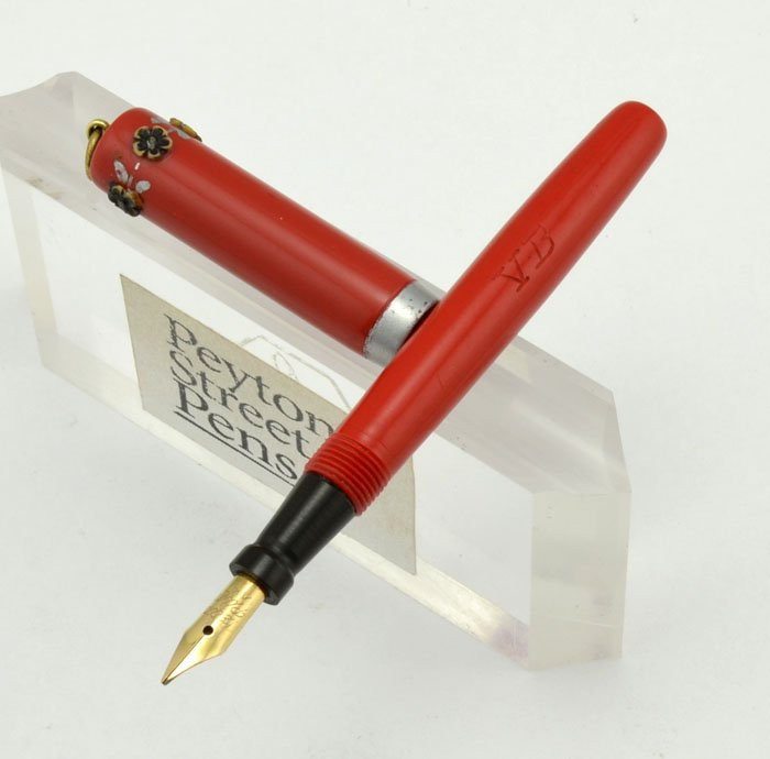 Salz Peter Pan Teeny Fountain Pen - Ring Top, Red w Flowers, 14k