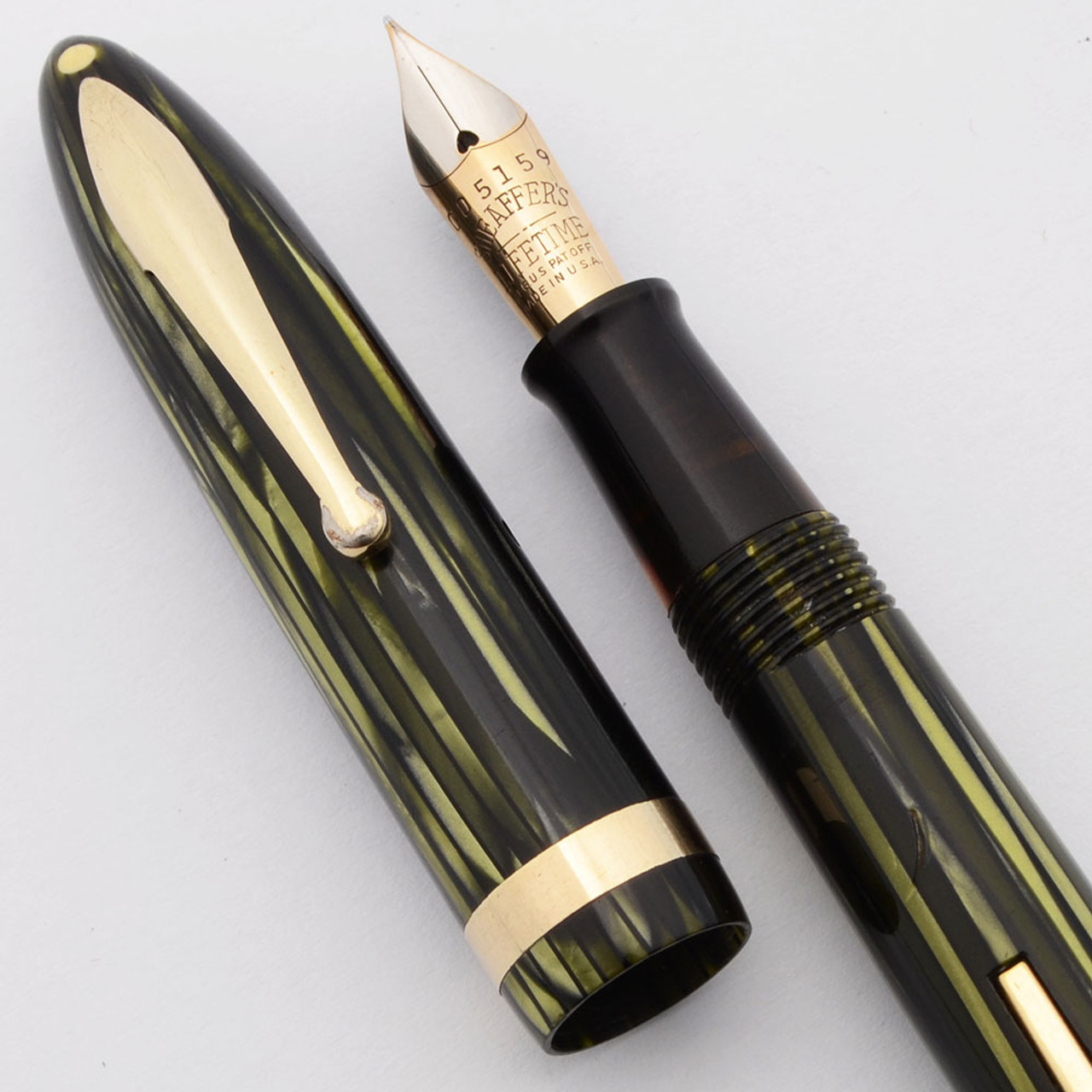 Sheaffer Balance Lifetime (1930s-40s) - Small Size, Green Striated w/GT,  Lever Filler, Fine Lifetime Nib (Very Nice, Restored)