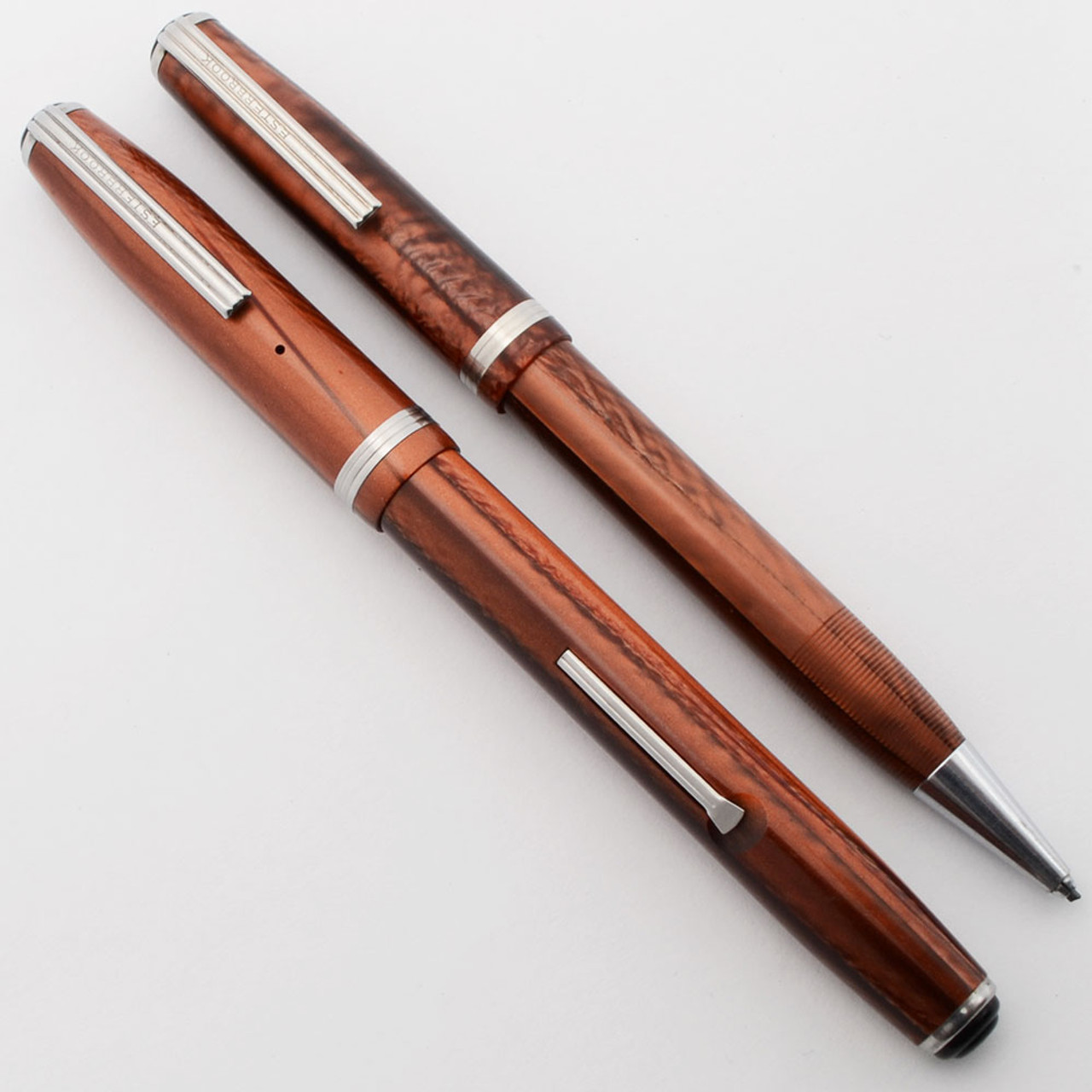 Esterbrook LJ Fountain Pen and Pencil Set (1950s) - Copper with Steel Trim, Lever Filler,  9555 Fine Firm Gregg Nib (Excellent +,  Restored)