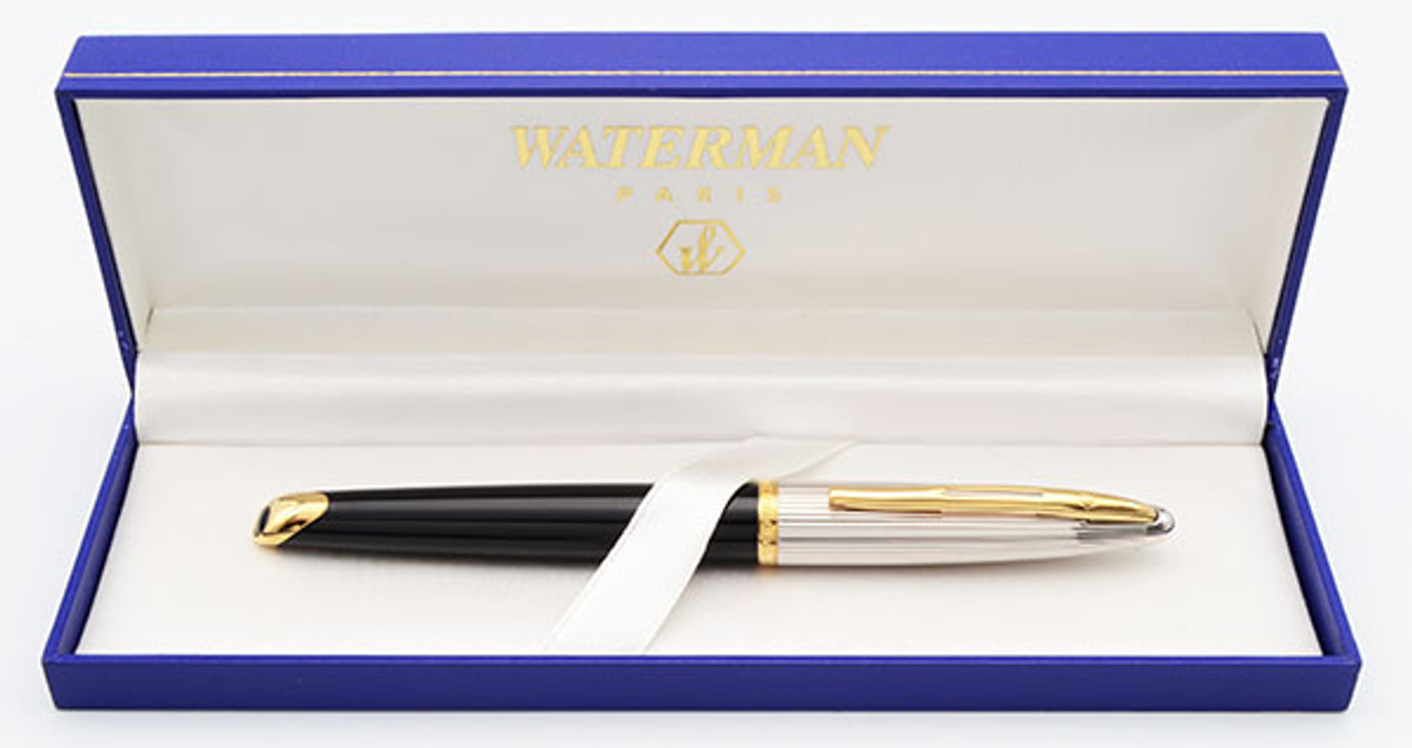 Waterman Carene Deluxe Fountain Pen - Black Barrel, Silver Ridged Lines Cap and GT,  C/C, 18k Fine Nib (Excellent + in Box, Works Well)