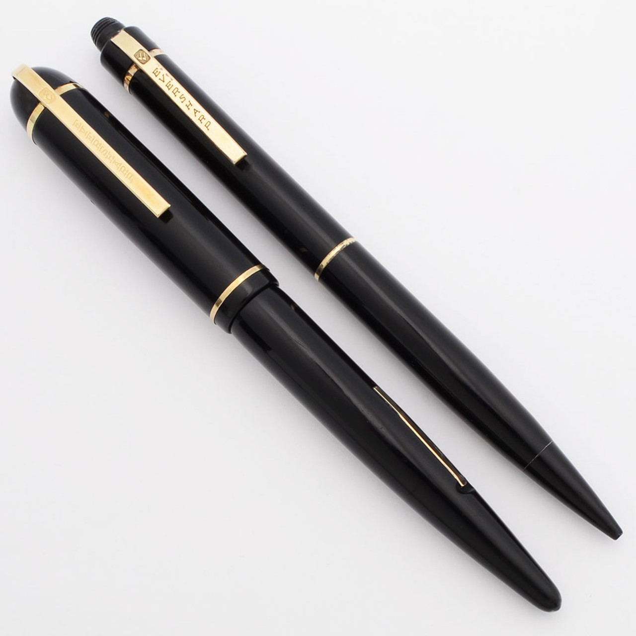 Eversharp Skyline Fountain Pen and Mechanical Pencil Set (1940s) - Black Caps & Barrels, Lever Filler, Manifold Extra-Fine 14k Nib (Excellent, Restored)