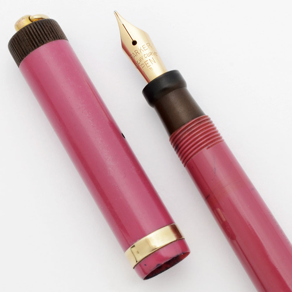 Parker Duofold Lucky Curve Ringtop Pastel (1920-29) - Magenta, Button Filler, Medium Flexible Lucky Curve Nib (Very Nice, Restored)