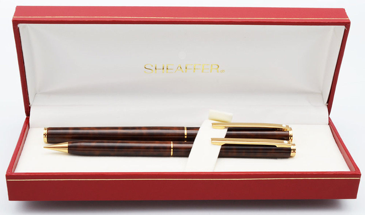 Sheaffer Fashion II Fountain Pen and Mechanical Pencil Set (Model 286) - Brown Lacque w Gold Trim, C/C, Fine Gold Nib (Excellent +, in Box)