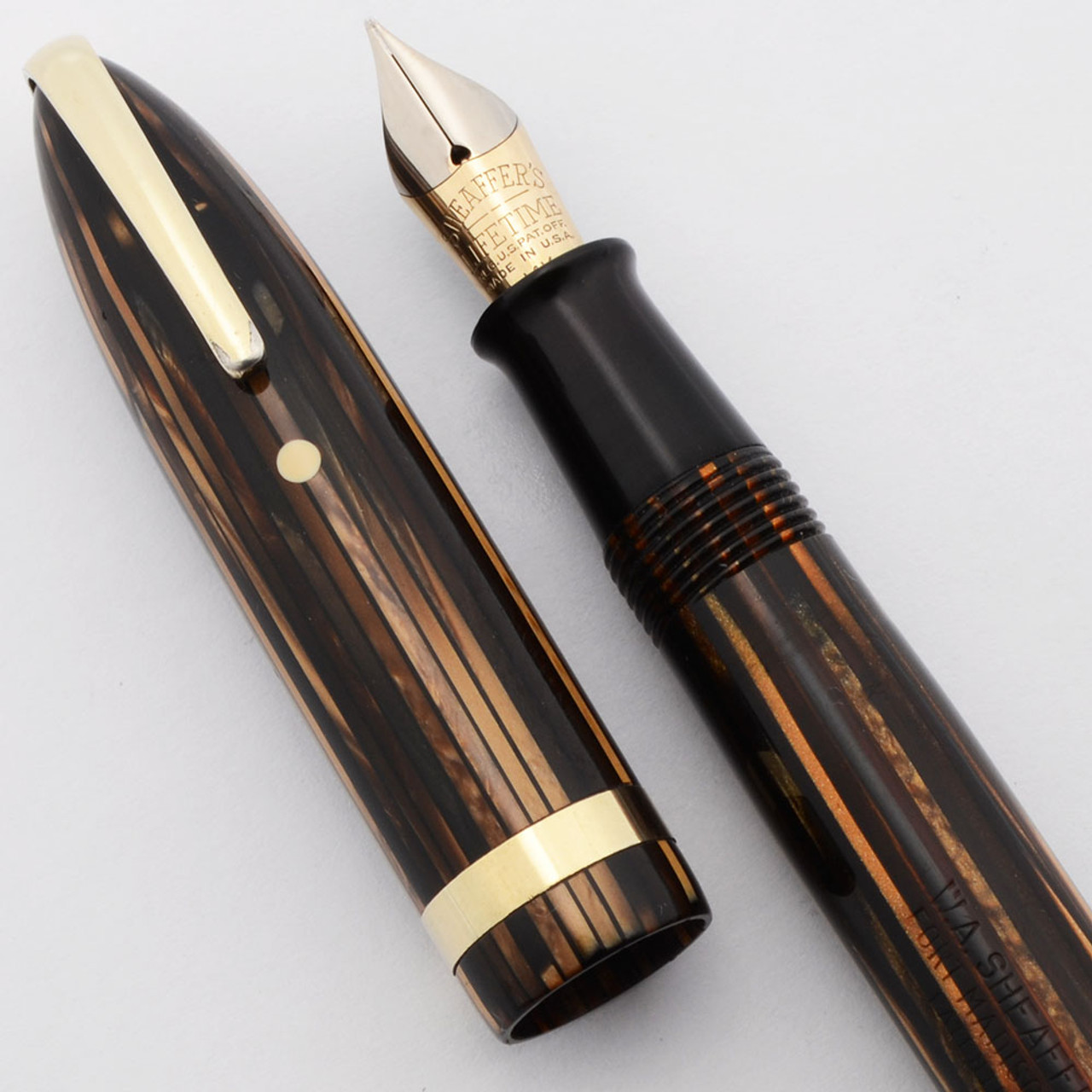 Sheaffer Balance Lifetime Valiant 1000 Fountain Pen (early 1940s) - Brown Striated w/GT, Military Clip, Vac-Fill, Medium-Fine Lifetime 14k Nib (Excellent +, Restored)