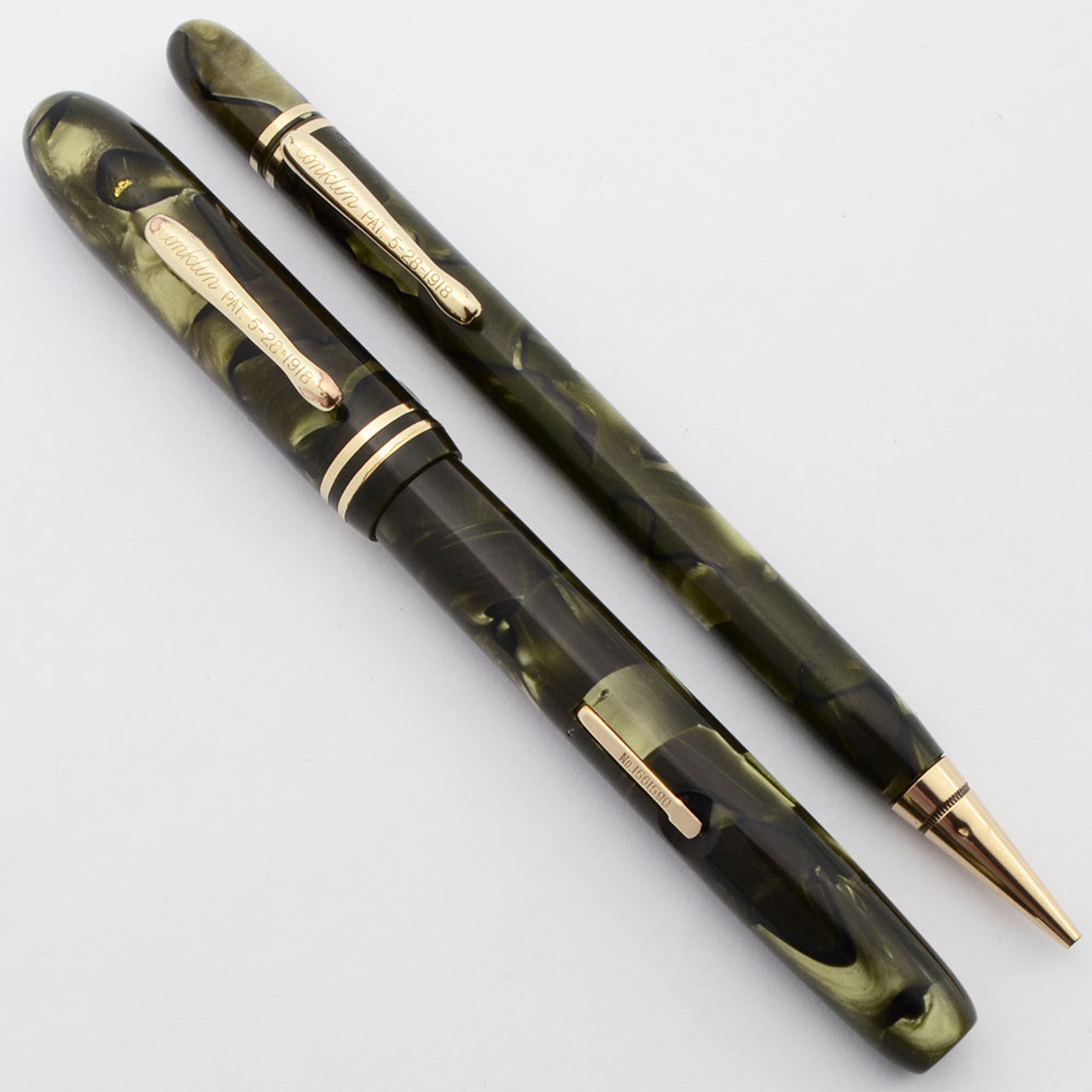 Conklin Endura Symetrik Fountain Pen and Pencil Set (1930s) - Green Marble w/GT,  Lever Filler, Fine Flexible Endura Nib (Excellent, Restored)