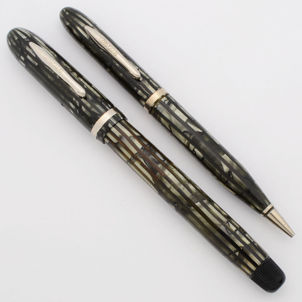 Conklin Penline Quick-Fill Fountain Pen Set - Grey Pearl, Plunger Fill, Fine 14k Toledo Nib (Excellent, Restored)