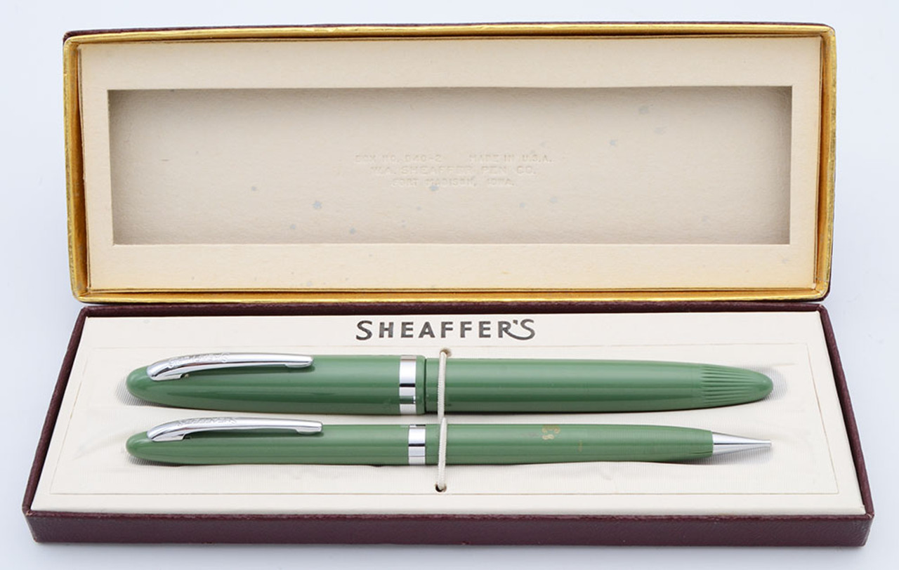 Sheaffer Cadet Touchdown Fountain Pen Set (1953-63) -  Green w Chrome Trim , Tip Dip, Fine F1 Steel Nib (Excellent +  In Box, Works Well)