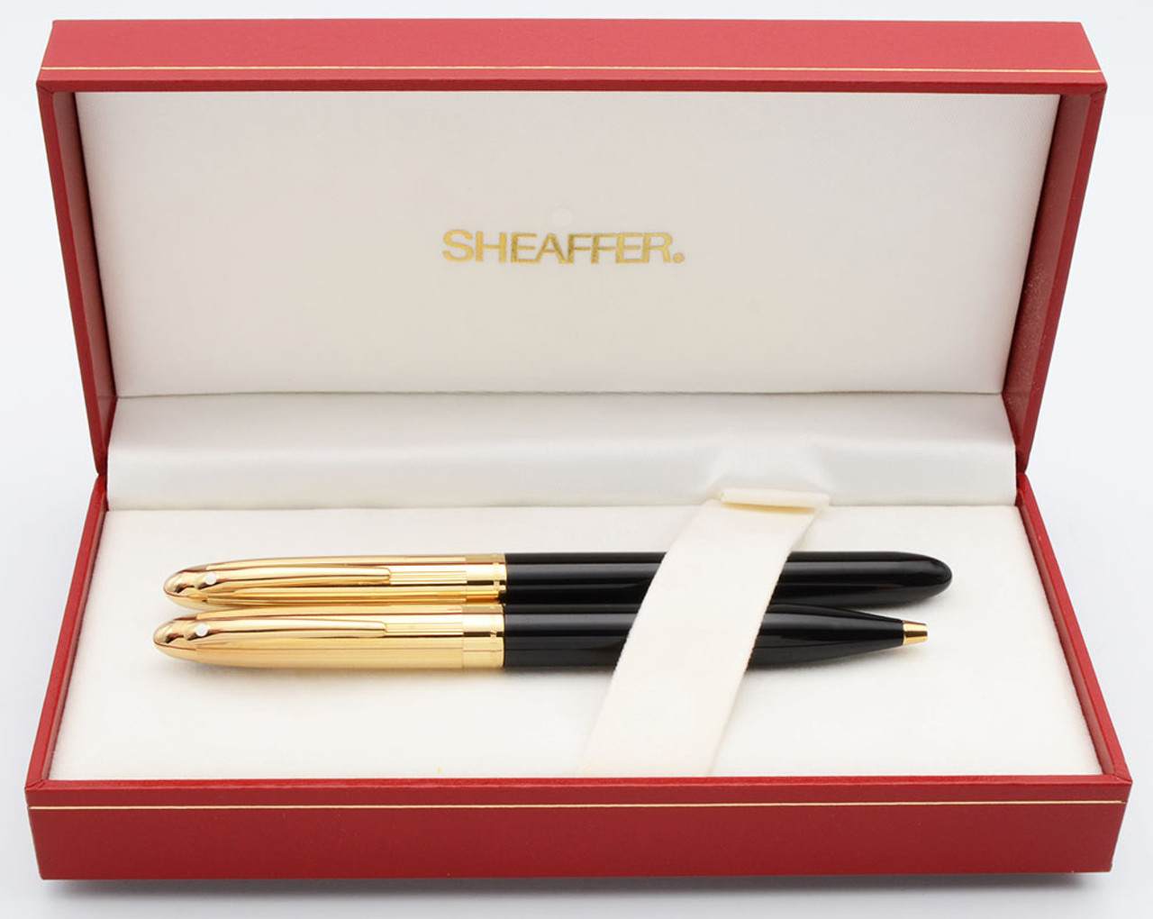 Sheaffer Crest (Reissue) #593 Fountain & Ballpoint Pen Set (1992-97) -  Black w Gold Cap,  C/C, Triumph Medium 18k Nib (New Old Stock in Box)