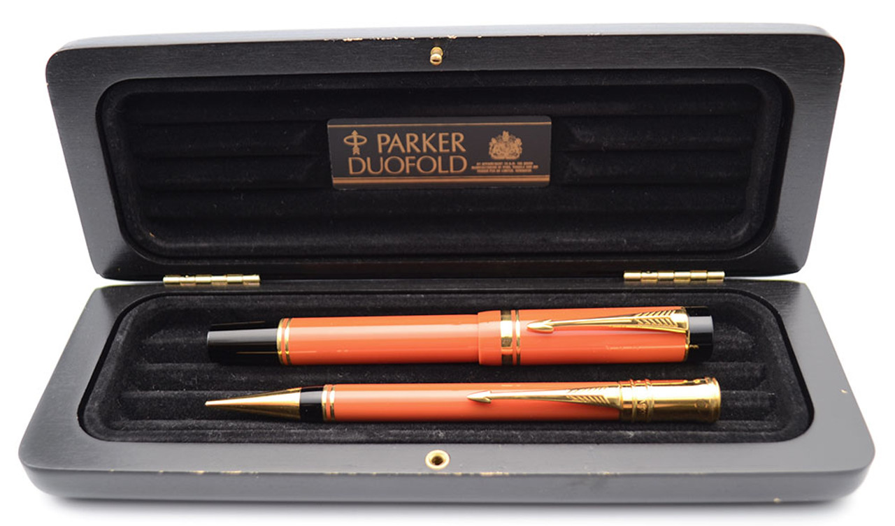 Parker Duofold Centennial Fountain Pen Set (1994) - Orange, Medium 18k Nib (Excellent + in Box, Works Well)