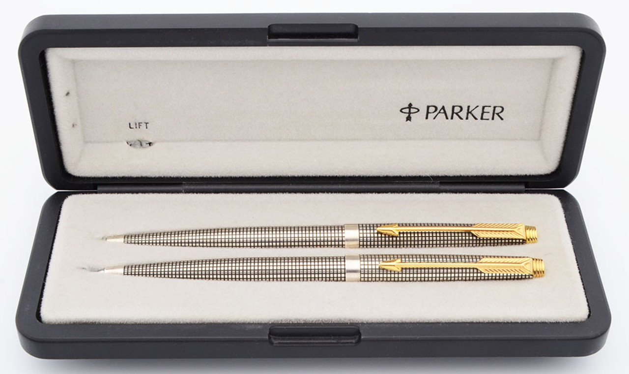 Parker 75 Ballpoint and Pencil Set (France, 1986) - Sterling Cisele w/Gold Trim, 0.5mm Leads (Excellent + in Box, Work Well)