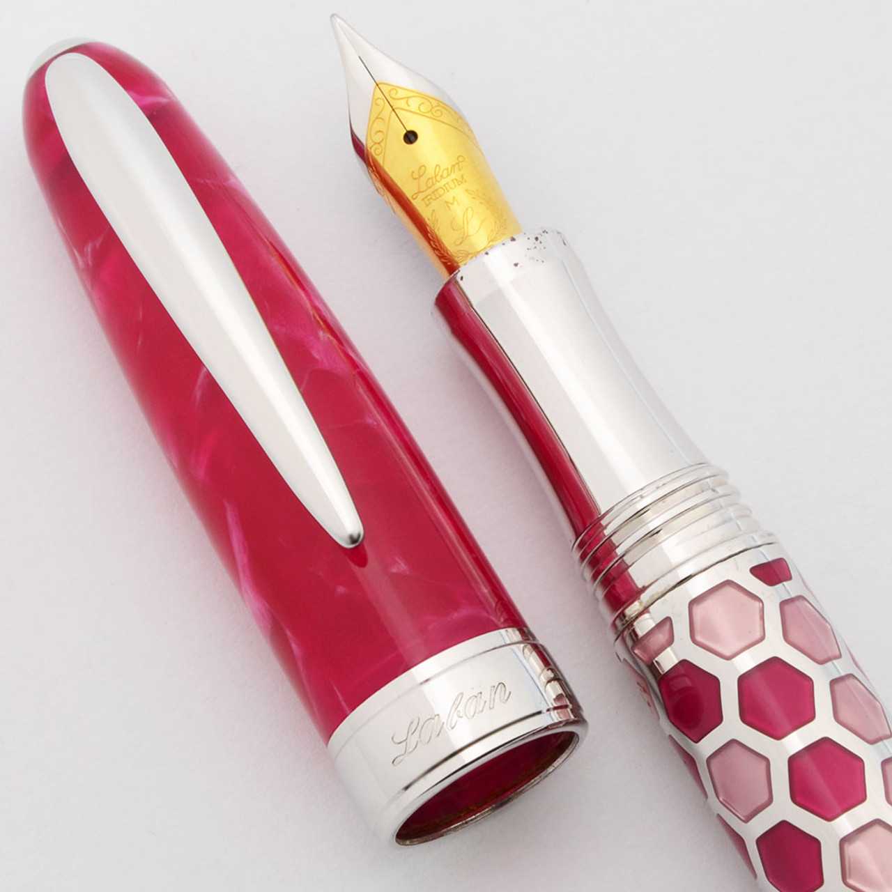 Laban Enamel Pink Honeycomb Fountain Pen - C/C,  Medium Two-Tone Steel Nib (Excellent, Works Well)