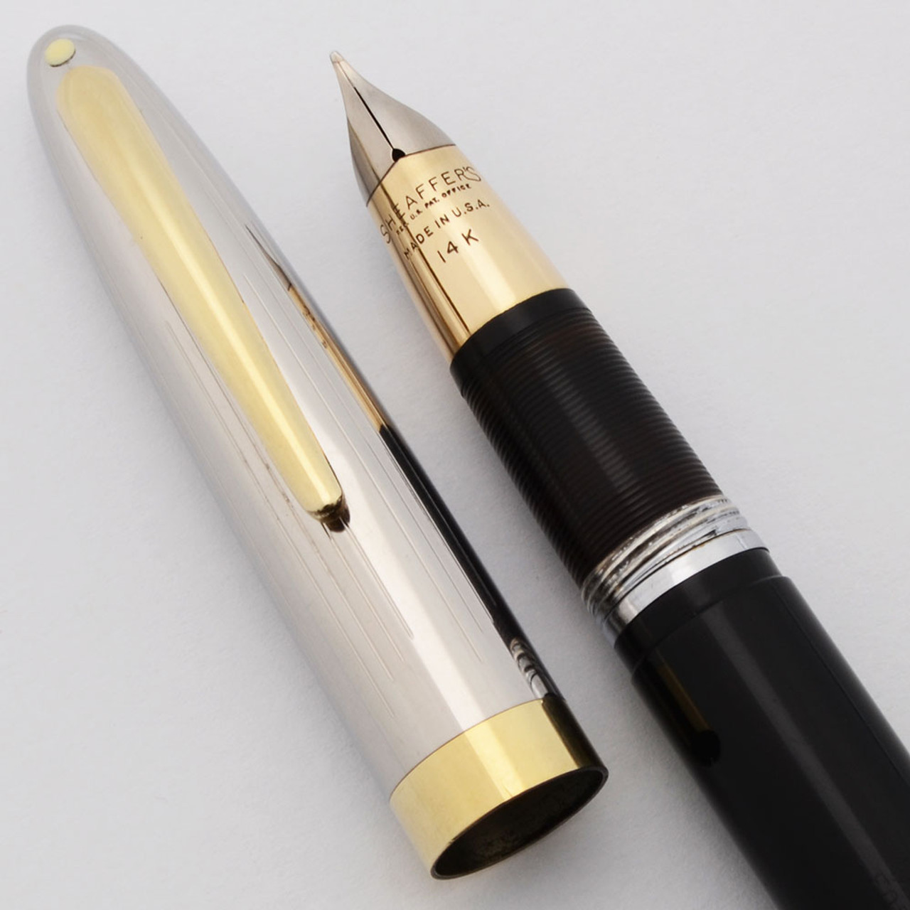 Sheaffer Sentinel Fountain Pen (1950-52) -  Black with Lined Steel Cap and GT, Touchdown, 14k Medium Triumph Nib (Excellent, Restored)