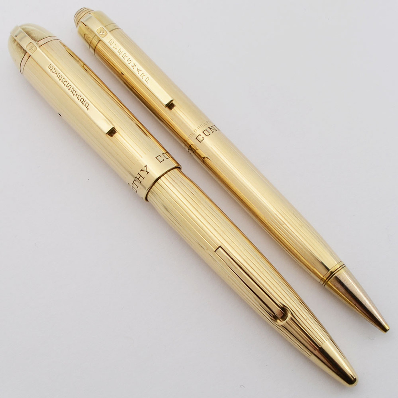 Eversharp Skyline Demi Fountain Pen Set (1940s) - Gold Filled Lined Pattern,  Lever Filler, 14k Left Oblique Nib (Very Nice, Restored)