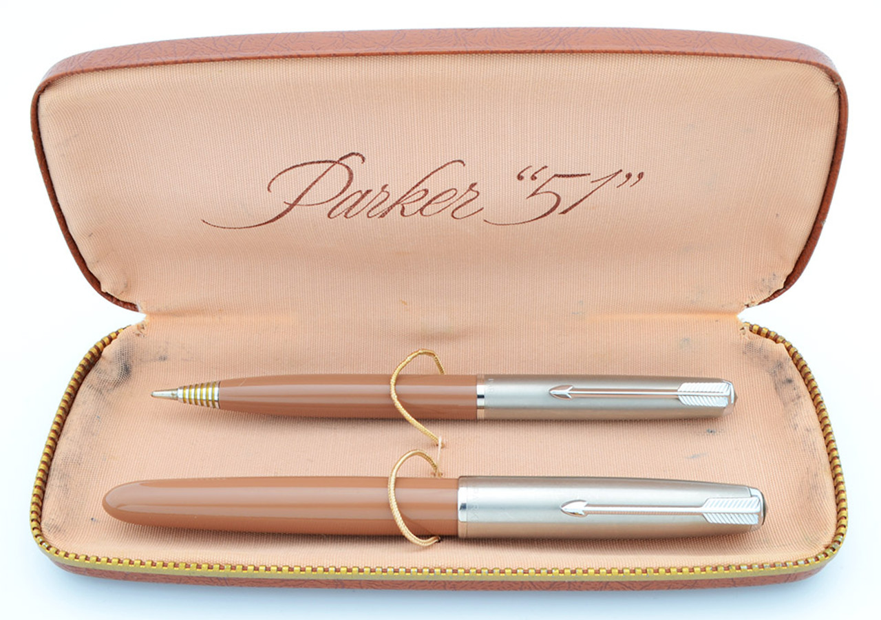 Parker 51 Aerometric Demi Fountain Pen & LL Pencil Set (1950s) - Cocoa, Lustraloy Cap, Fine 14k Nib (Excellent + in Box, Works Well)