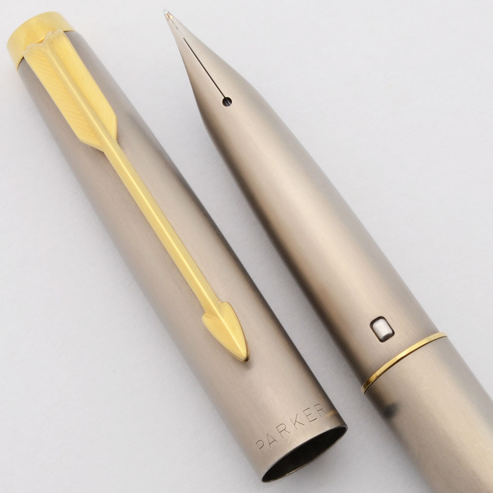 Parker T1 Fountain Pen (Hard to Find, 1970s) - Brushed Titanium, GP Trim, C/C, Medium Ti Nib (Near Mint, Works Well)
