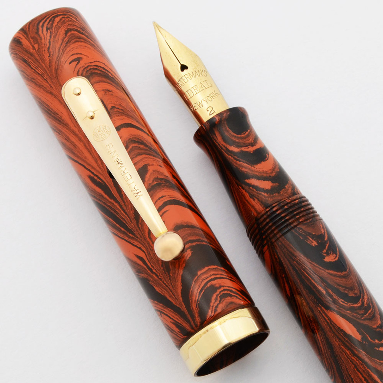 Waterman 52 Fountain Pen (1920s)- Red Ripple, Lever Filler,  Fine Flexible Ideal New York #2 Nib (Excellent +, Restored)