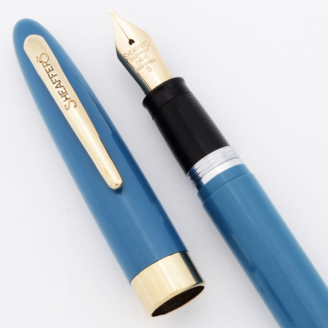 Sheaffer Admiral Snorkel Fountain Pen (1950s) - Pastel Blue w/GT, Medium 14k #5 Nib (Excellent, Restored)