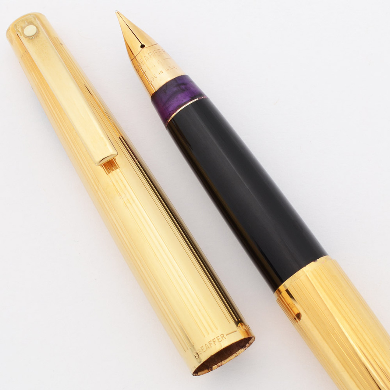 Sheaffer 727 Slim Fountain Pen (1970s) -  Gold Filled, Parallel Line Pattern, C/C, Fine Short 14k Triumph Nib (Excellent, Works Well)