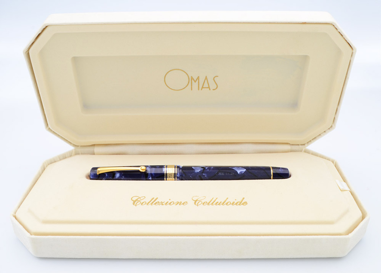 Omas Paragon Old Style Fountain Pen (1996) - Blue Royale Marble  Celluloid, Piston Filler, Fine 14k Nib (Excellent + in Box, Works Well) -  Peyton Street Pens