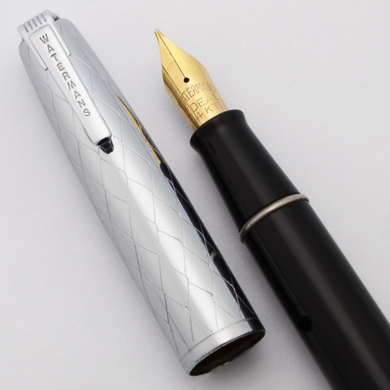 Waterman Lady Corinth Fountain Pen (1940s) - Black w/Chrome Cap, Lever Filler, 14k Fine Semi-Flexible Nib (Excellent, Restored)