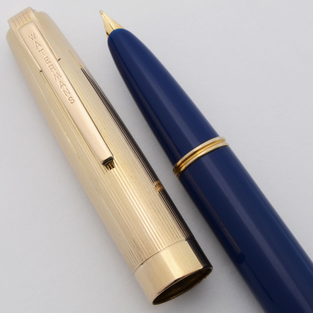 Waterman Aerometric Fountain Pen (1950s) - Blue w Gold Plated Cap, Fine 14k Taperite Nib (Superior, Works Well)