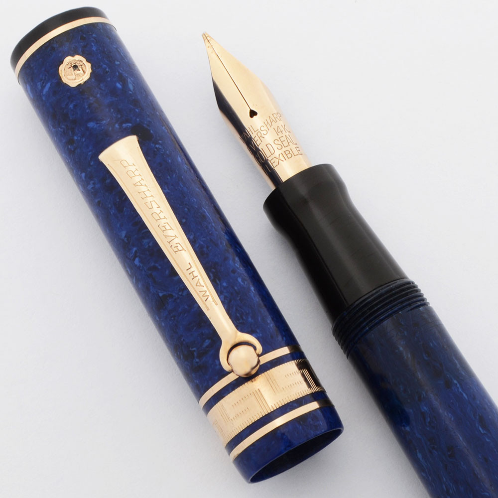 Wahl Decoband Gold Seal Fountain Pen (1930s)  - Oversized, Lapis Blue, Lever Filler, Medium Wahl 14k Gold Seal Flexible Nib (Excellent,  Restored)