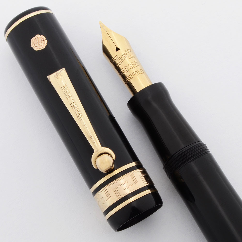 Eversharp Decoband Gold Seal Fountain Pen  (1930s) - Black w/GT, Oversize, Lever Filler, 14k Gold Seal Manifold Nib (Excellent, Restored)