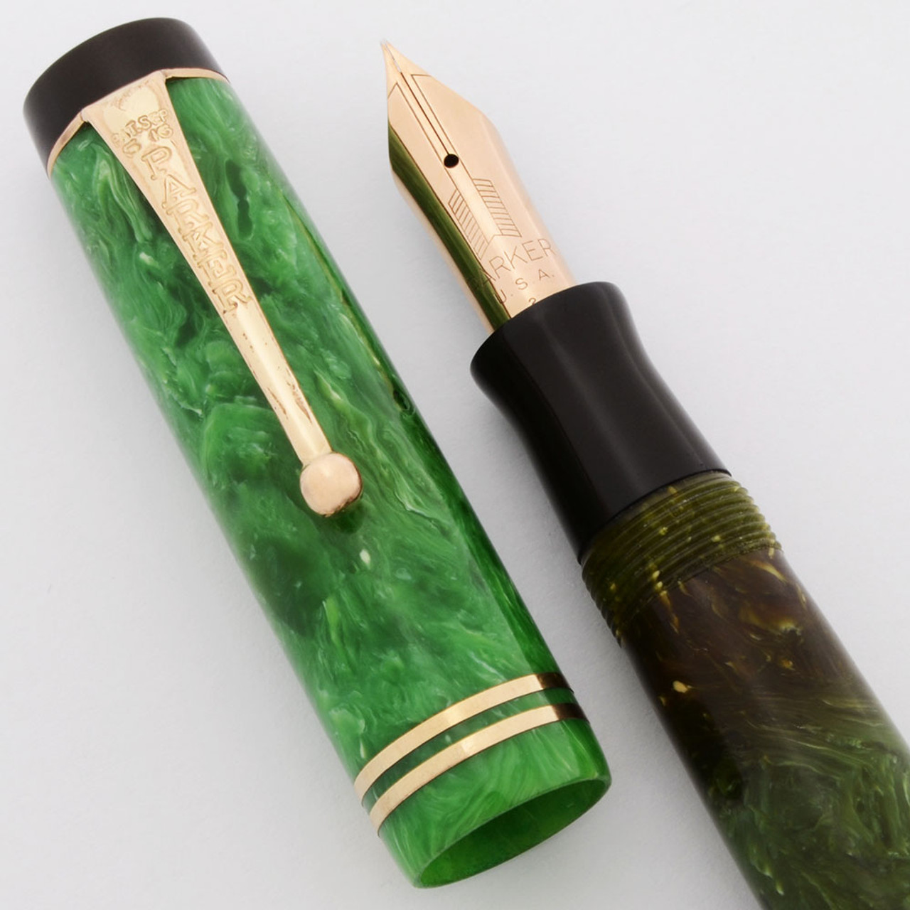 Parker Duofold Streamline Senior Fountain Pen (1930s)- Jade Green w/GT, Button Filler, Fine Parker Nib (Very Nice, Restored)