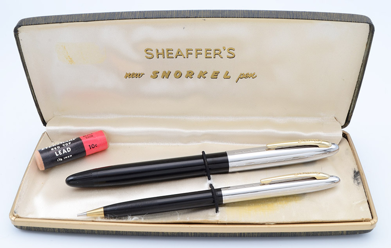 Sheaffer Sovereign Snorkel Fountain Pen Set  (1952-59)- Black w/Steel Cap and GT, Fine 14k Open Nib (Excellent in Box, Restored)